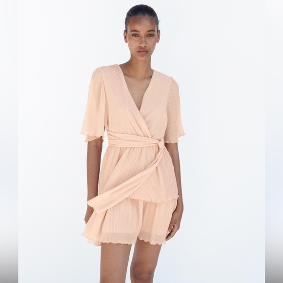 Zara Dresses & Skirts - ZARA Pleated Mini Wrap Dress in Peach Size Small